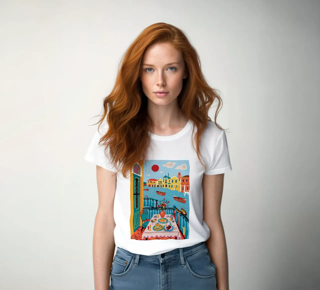 Balcony Feast Seaview women's fitted t-shirt by Pake Nebula