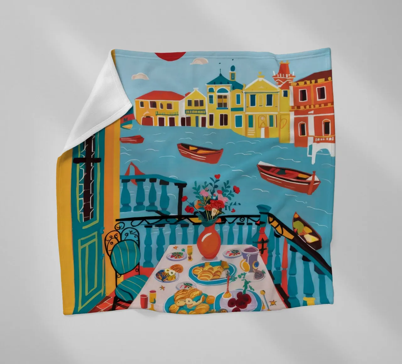 Balcony Feast Seaview fleece blanket by Pake Nebula
