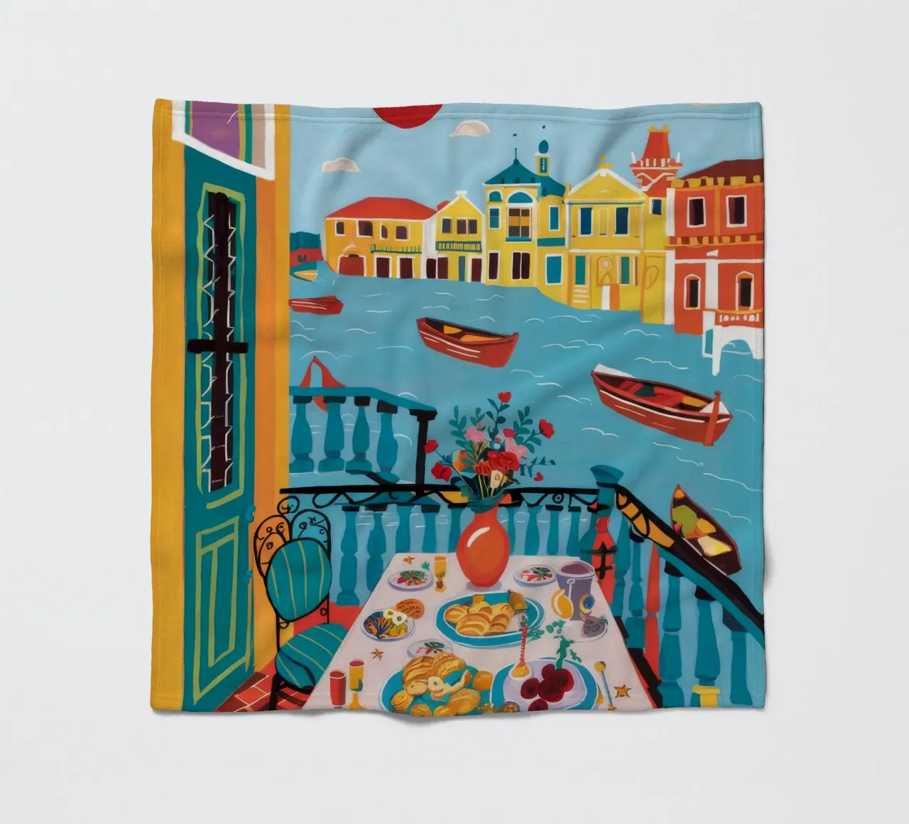 Balcony Feast Seaview fleece blanket by Pake Nebula