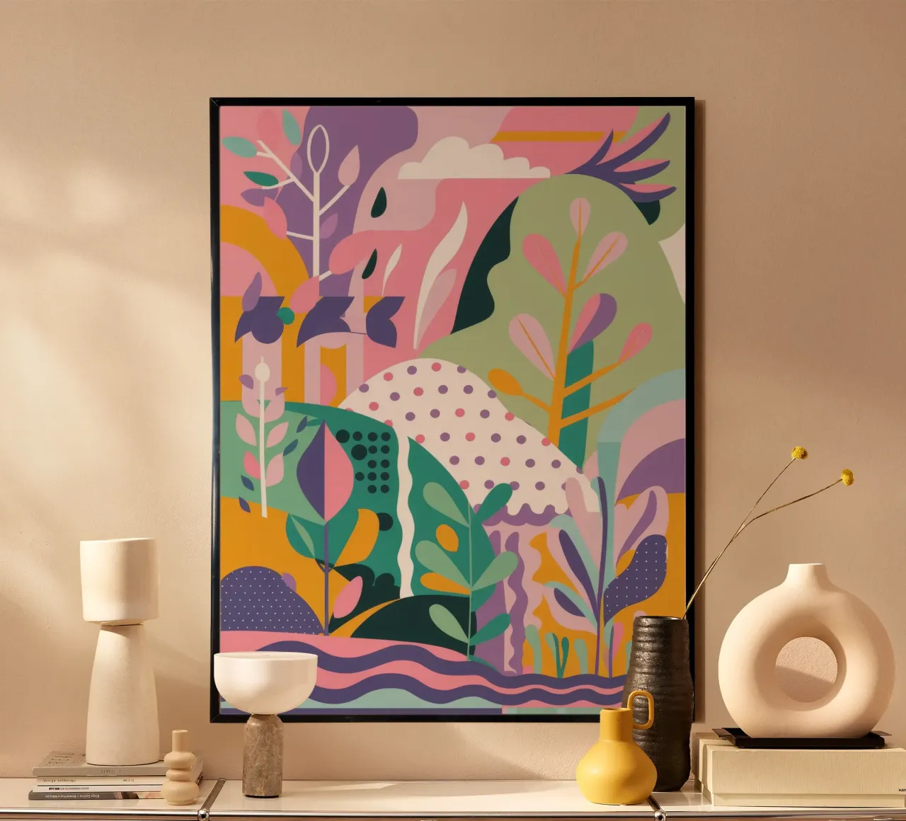Paesaggio da sogno con fogliame astratto poster con telaio in plastica da Pake Nebula