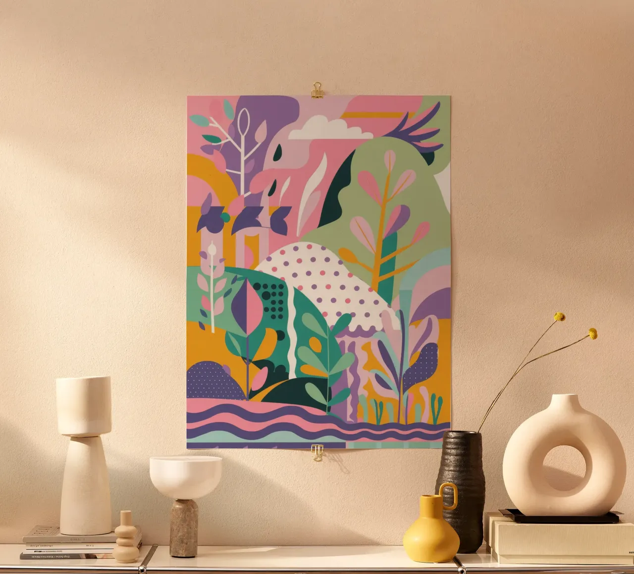 Paesaggio da sogno con fogliame astratto poster con telaio in plastica da Pake Nebula
