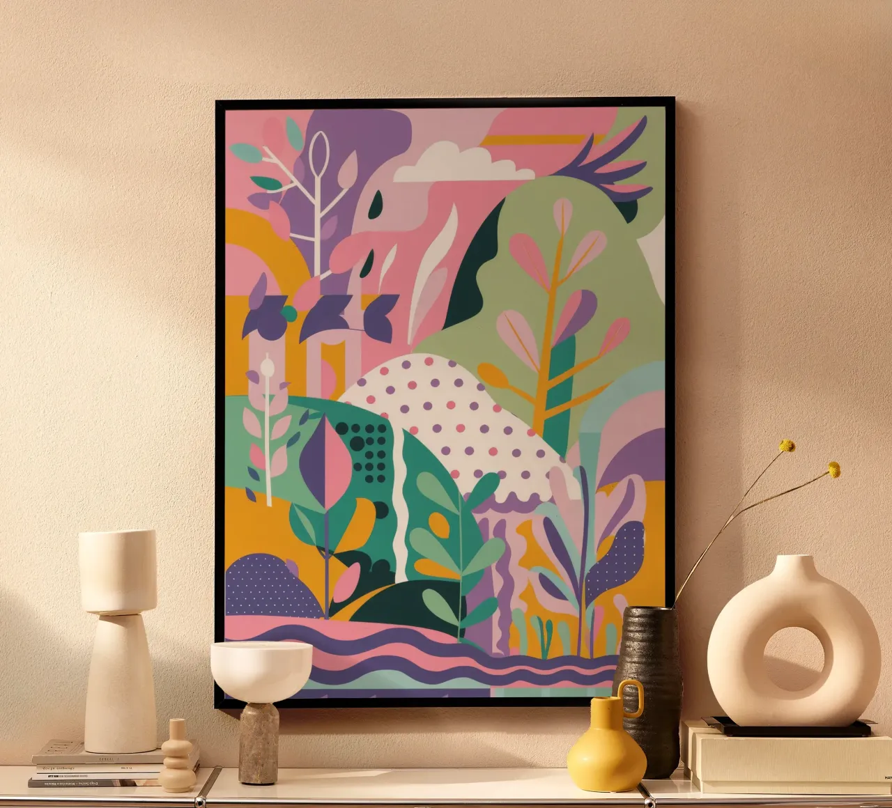 Paesaggio da sogno con fogliame astratto poster con telaio in plastica da Pake Nebula