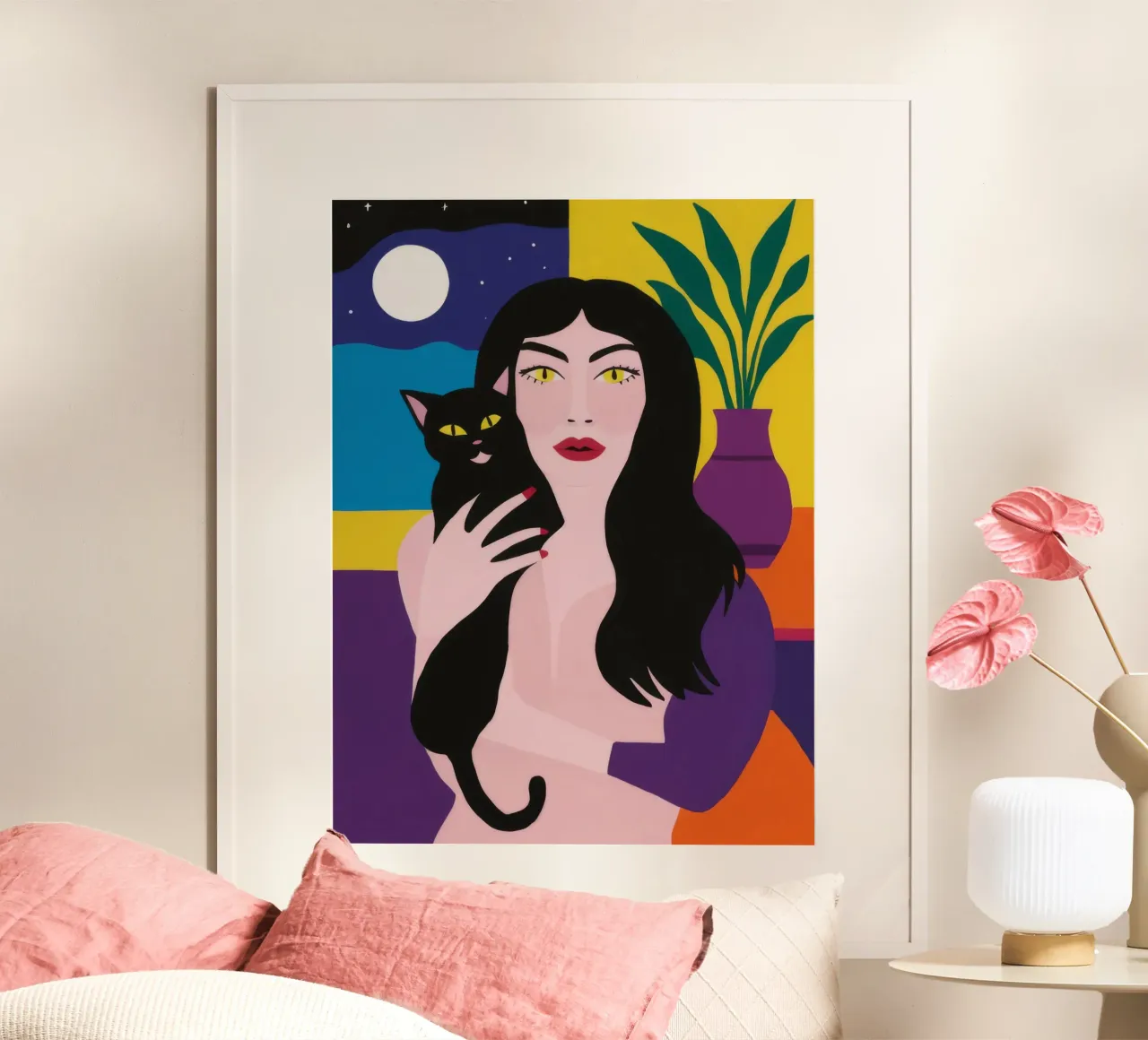 Incantatrice felina nera poster con telaio in plastica da Pake Nebula