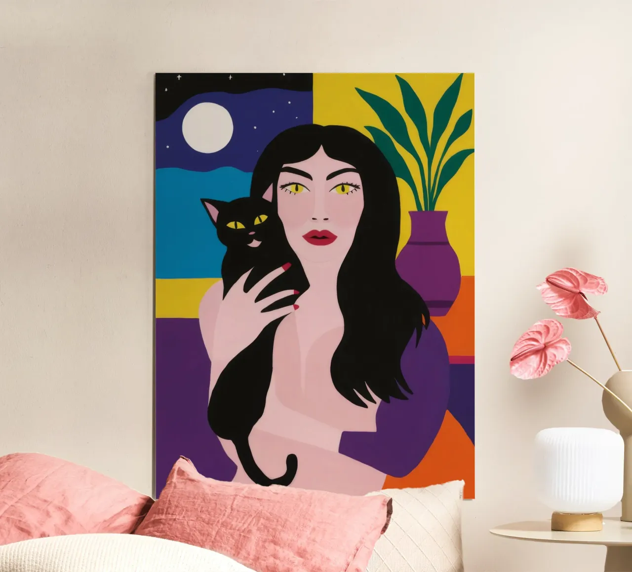 Incantatrice felina nera poster con telaio in plastica da Pake Nebula