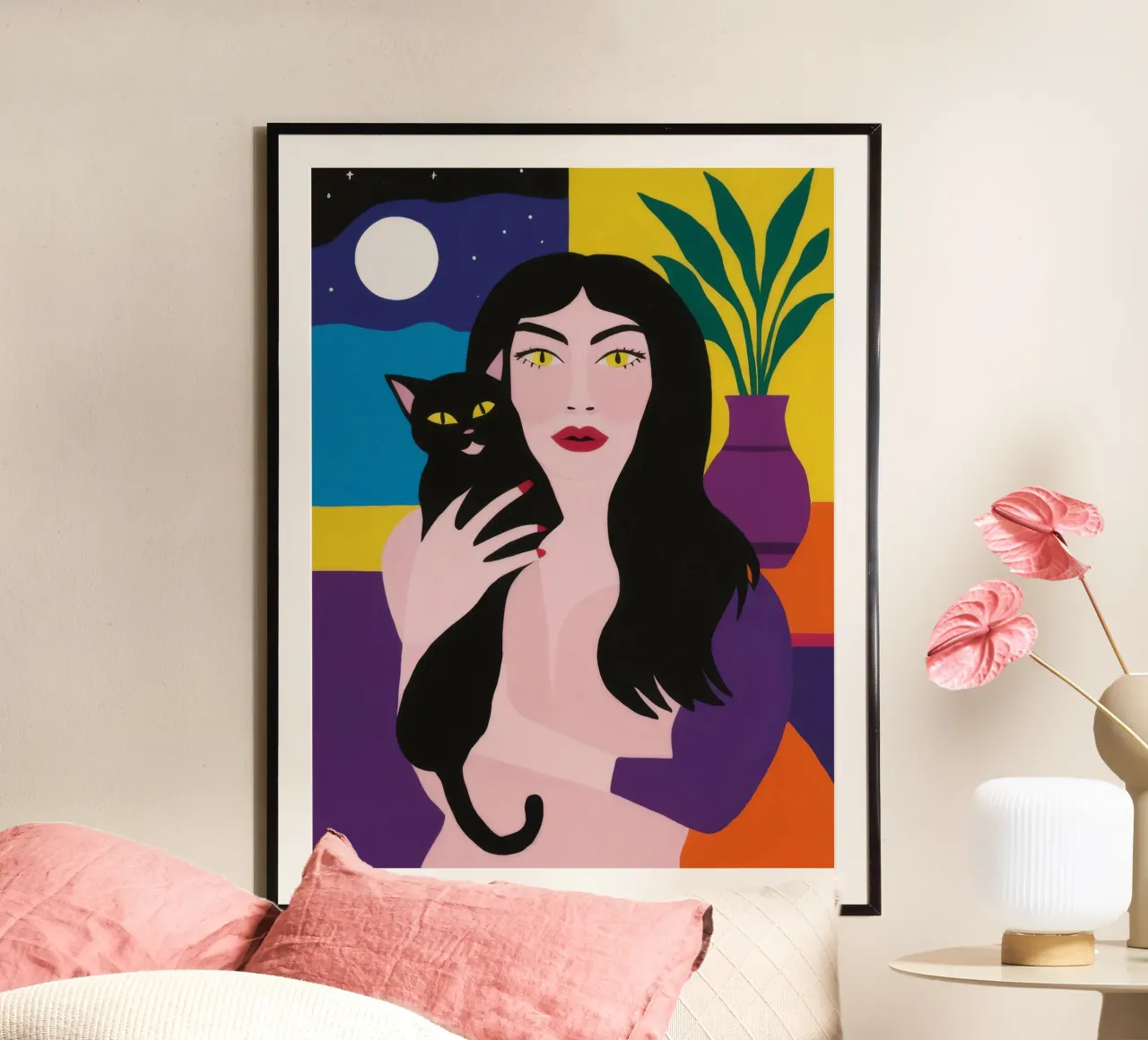 Incantatrice felina nera poster con telaio in plastica da Pake Nebula