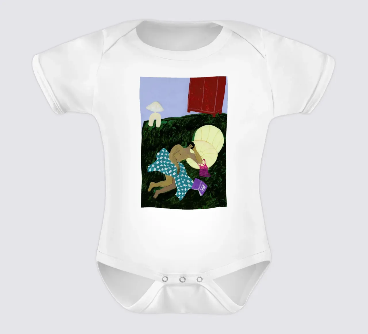 Blanket and Book short-sleeve baby romper by Nudes and Croissants
