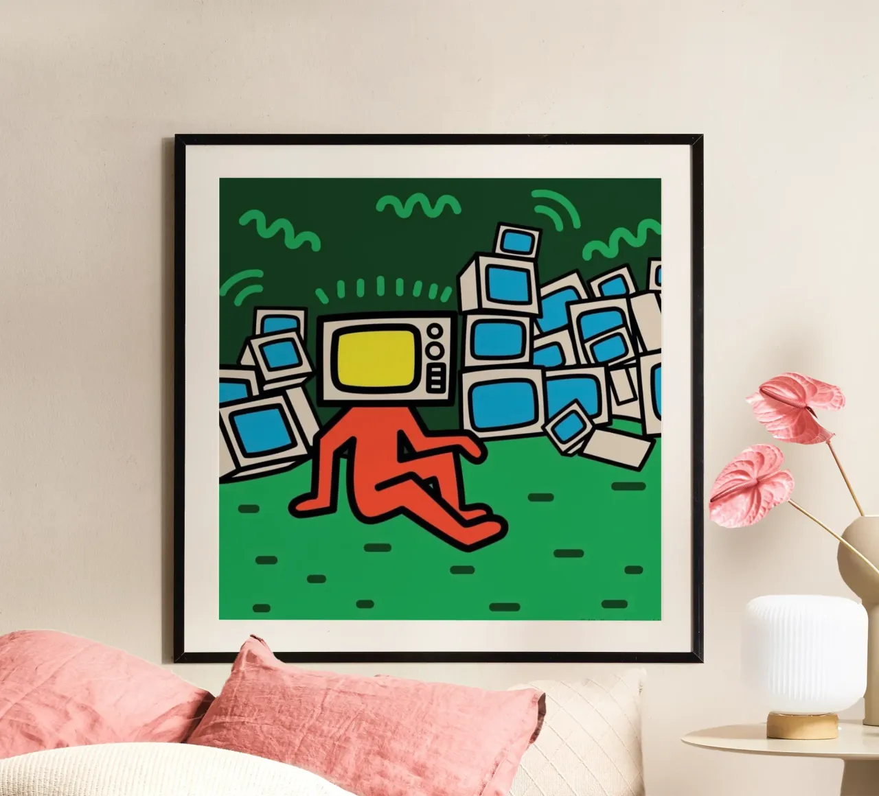 Fernsehgesicht Keith Haring Legende Poster mit Holzrahmen von SRI WEDARI GALLERY