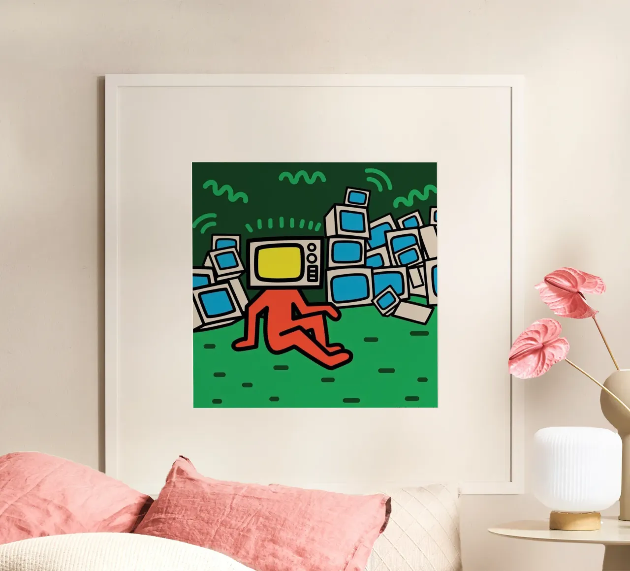 Fernsehgesicht Keith Haring Legende Poster mit Holzrahmen von SRI WEDARI GALLERY
