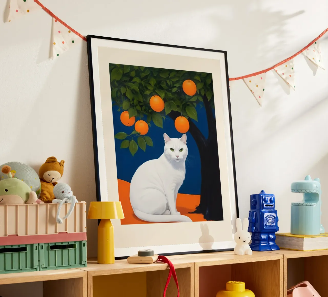 White Cat poster con telaio in plastica da Indigo Rain