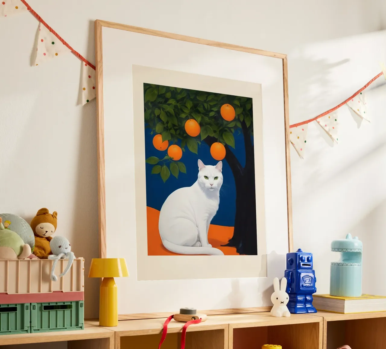 White Cat poster con telaio in plastica da Indigo Rain