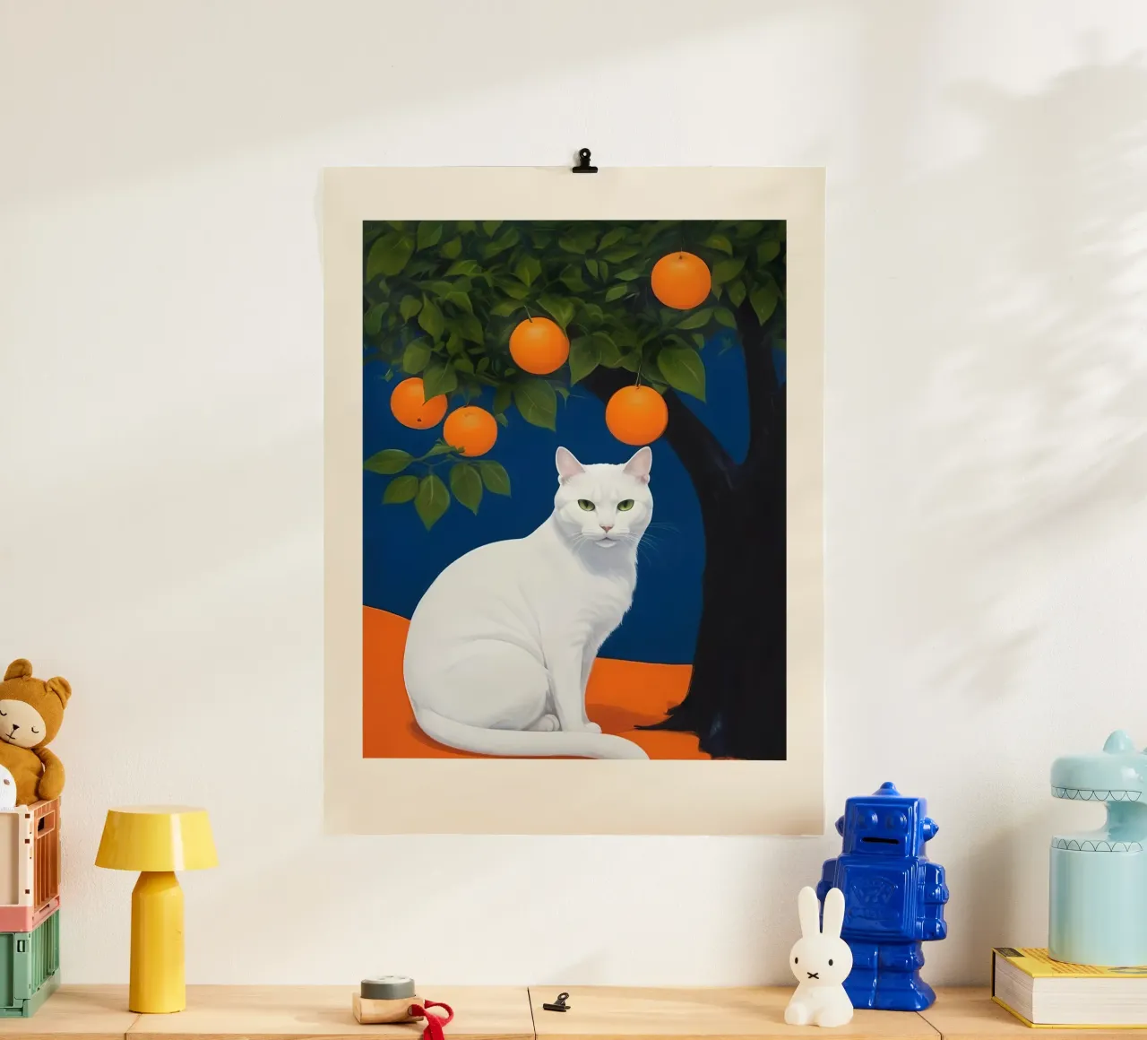 White Cat poster con telaio in plastica da Indigo Rain