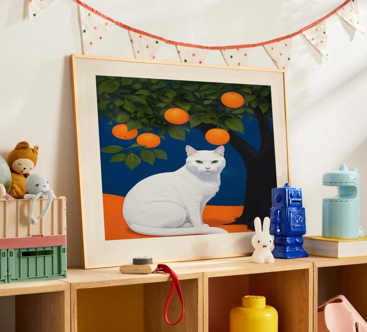 White Cat poster con telaio in plastica da Indigo Rain