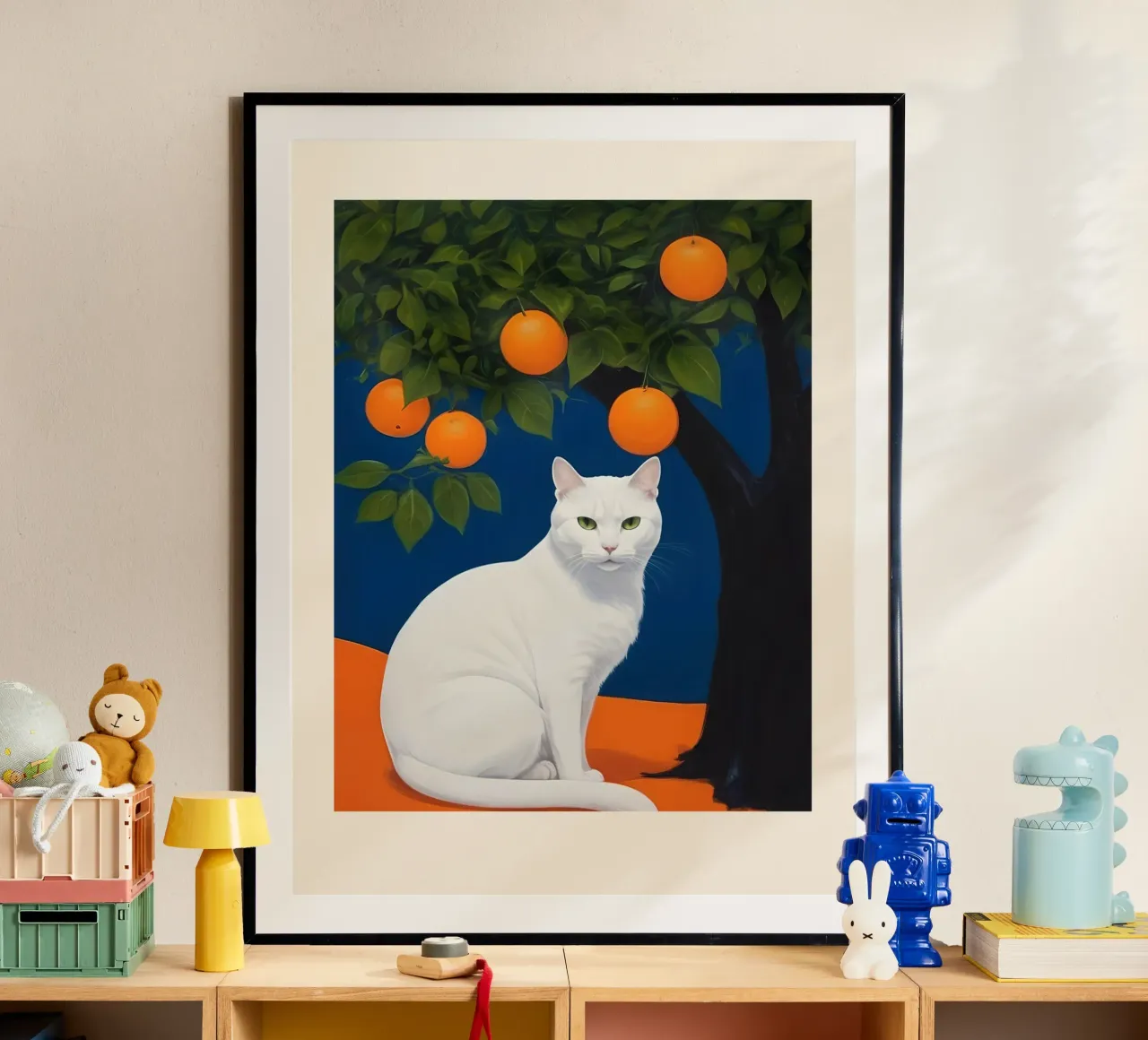 White Cat poster con telaio in plastica da Indigo Rain