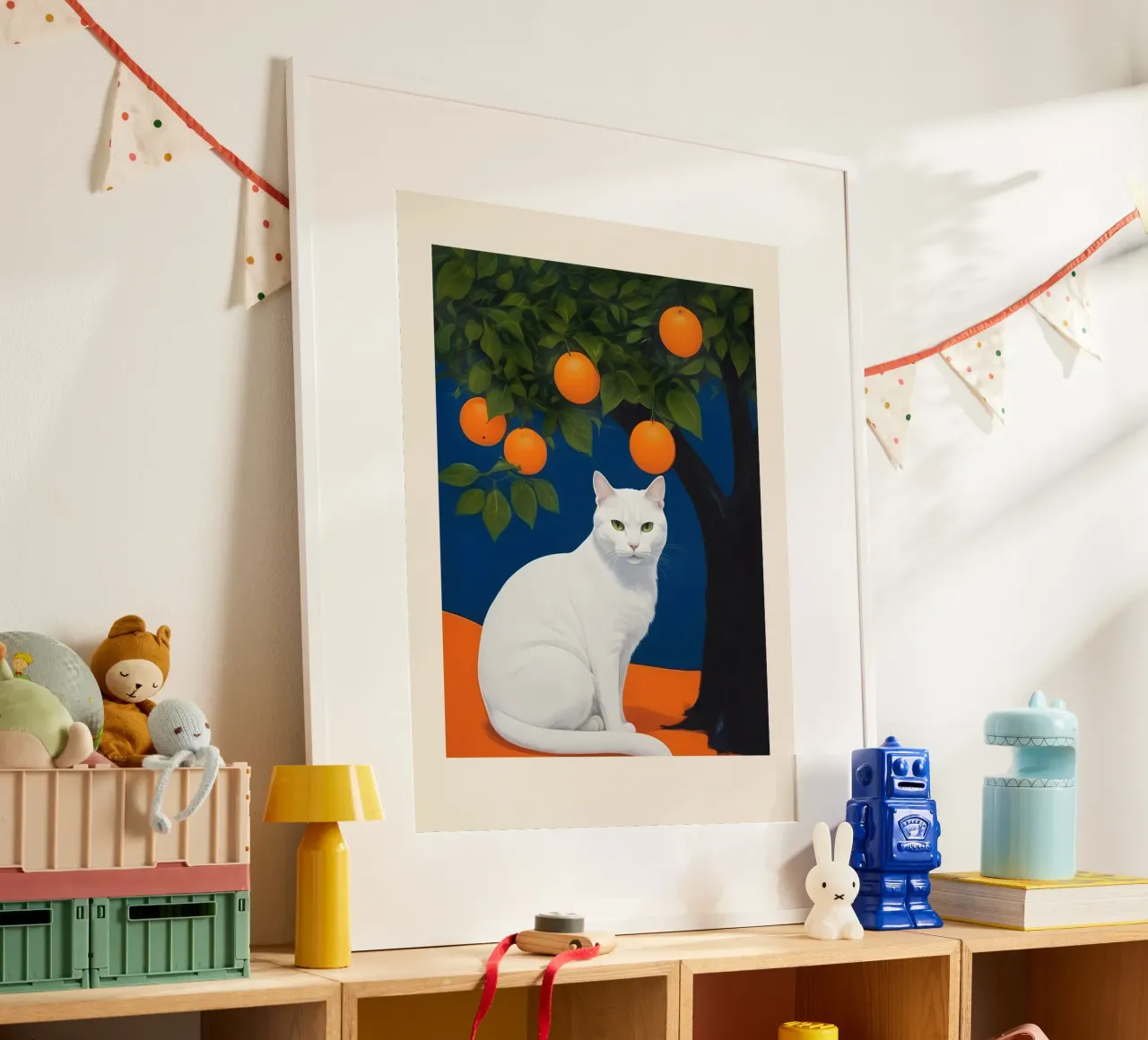 White Cat poster con telaio in plastica da Indigo Rain