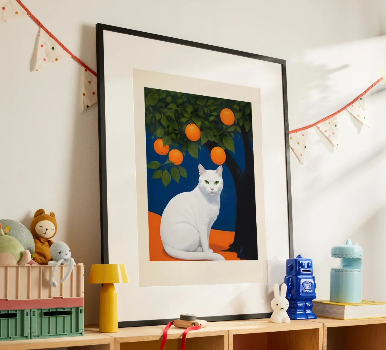 White Cat poster con telaio in plastica da Indigo Rain