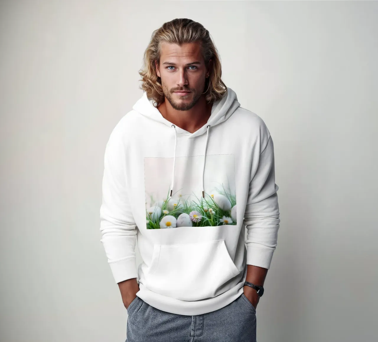 Caccia all'uovo di Pasqua in un prato pieno di margherite e di fiori. felpa con cappuccio da DesignDoodle