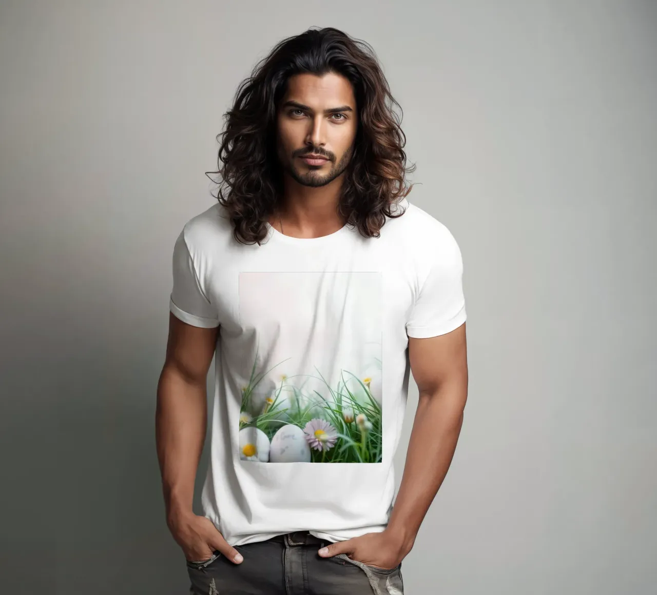 Caccia all'uovo di Pasqua in un prato pieno di margherite e di fiori. t-shirt da DesignDoodle