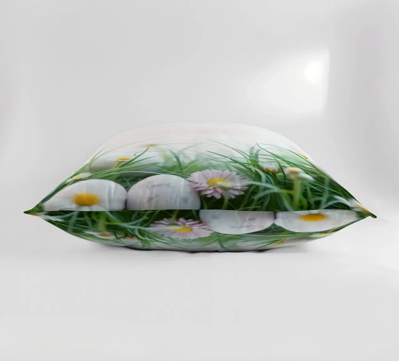 Caccia all'uovo di Pasqua in un prato pieno di margherite e di fiori. cuscino da DesignDoodle