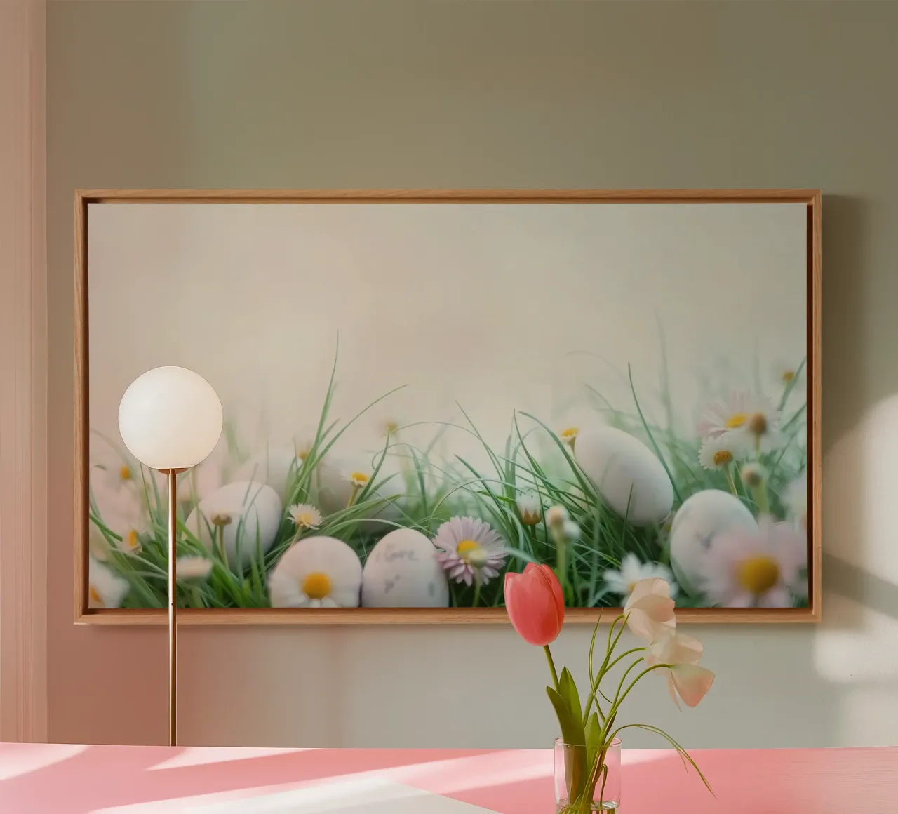 Caccia all'uovo di Pasqua in un prato pieno di margherite e di fiori. tela da DesignDoodle