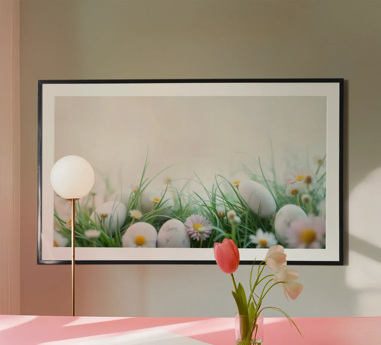 Caccia all'uovo di Pasqua in un prato pieno di margherite e di fiori. carta hahnemühle da DesignDoodle