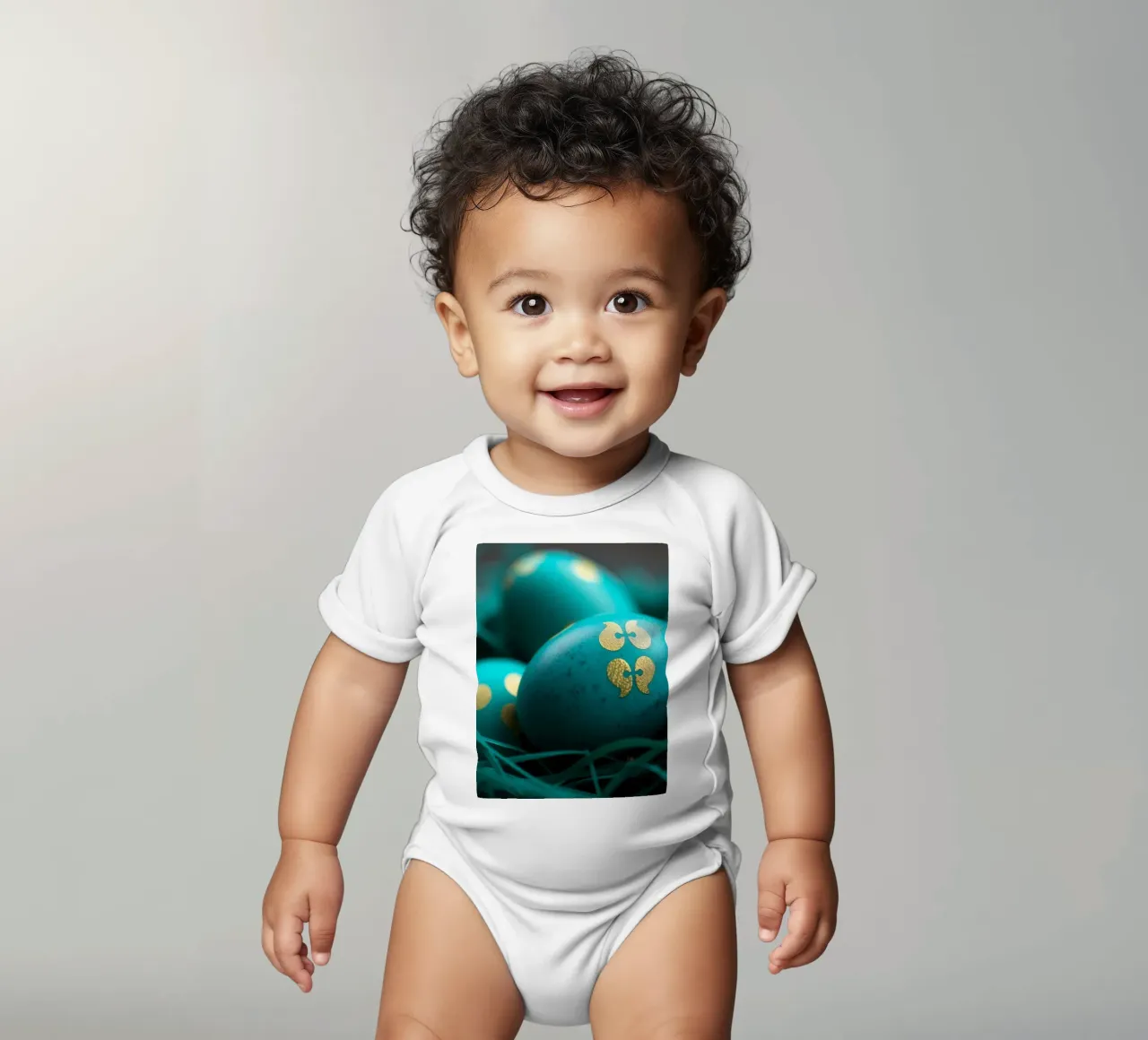 Uova decorative colorate esposte in un vivace nido body neonato maniche corte da DesignDoodle