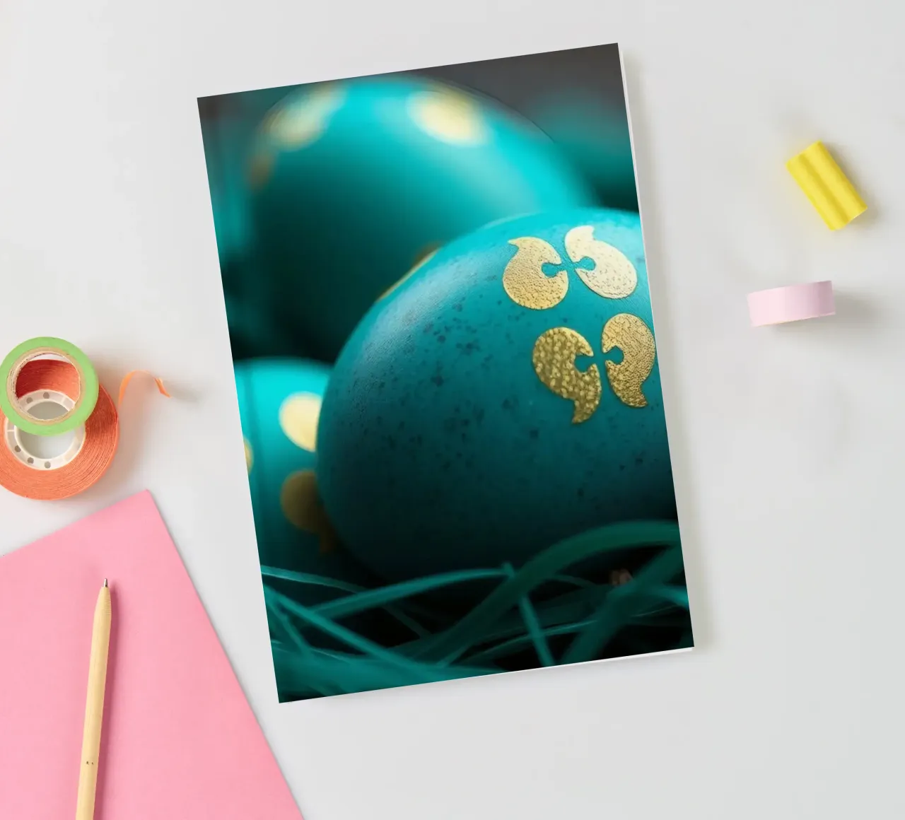 Uova decorative colorate esposte in un vivace nido diario da DesignDoodle