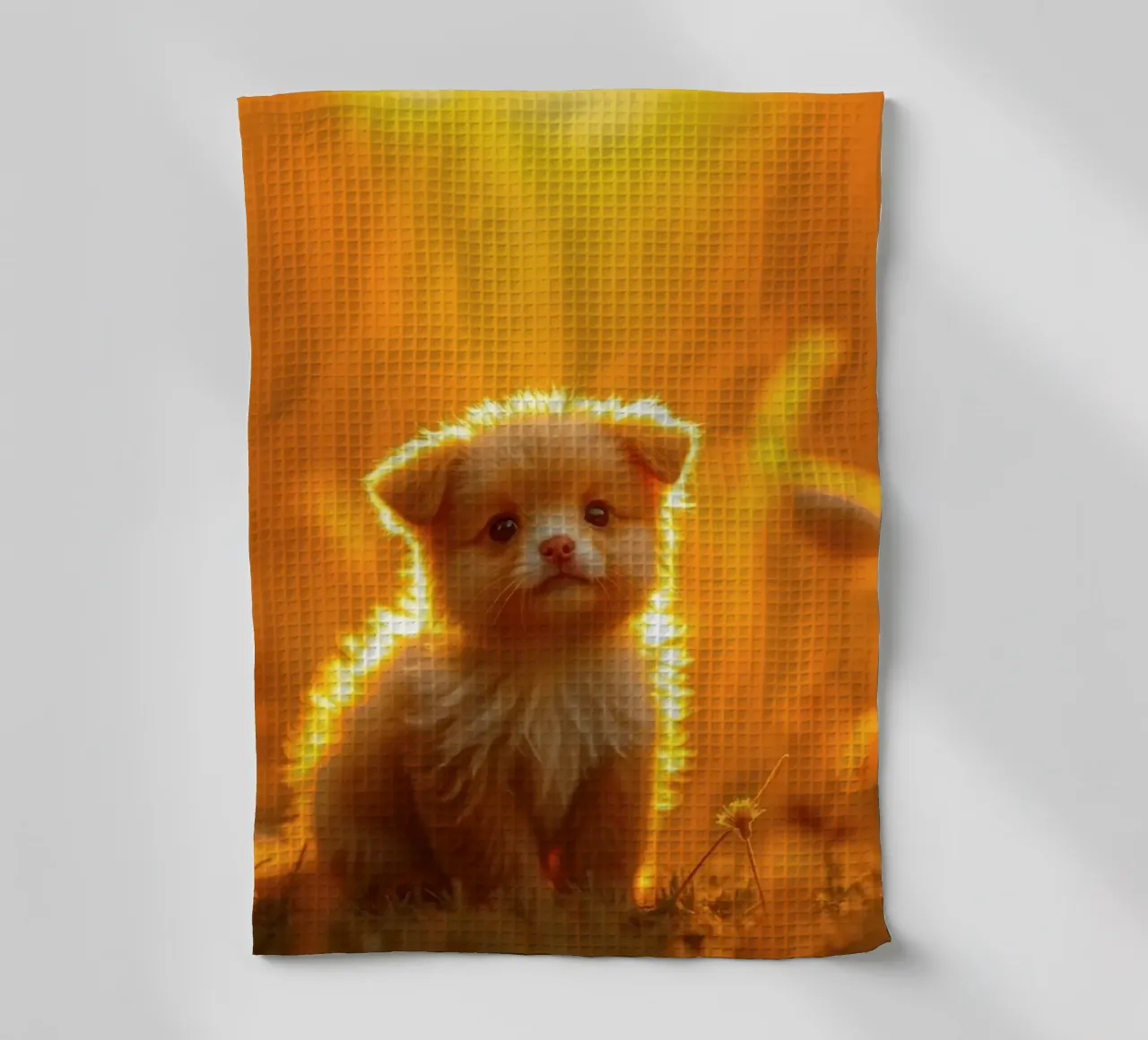 Petit chiot duveteux assis dans la lumière dorée du soleil avec des fleurs sauvages torchon de DesignDoodle