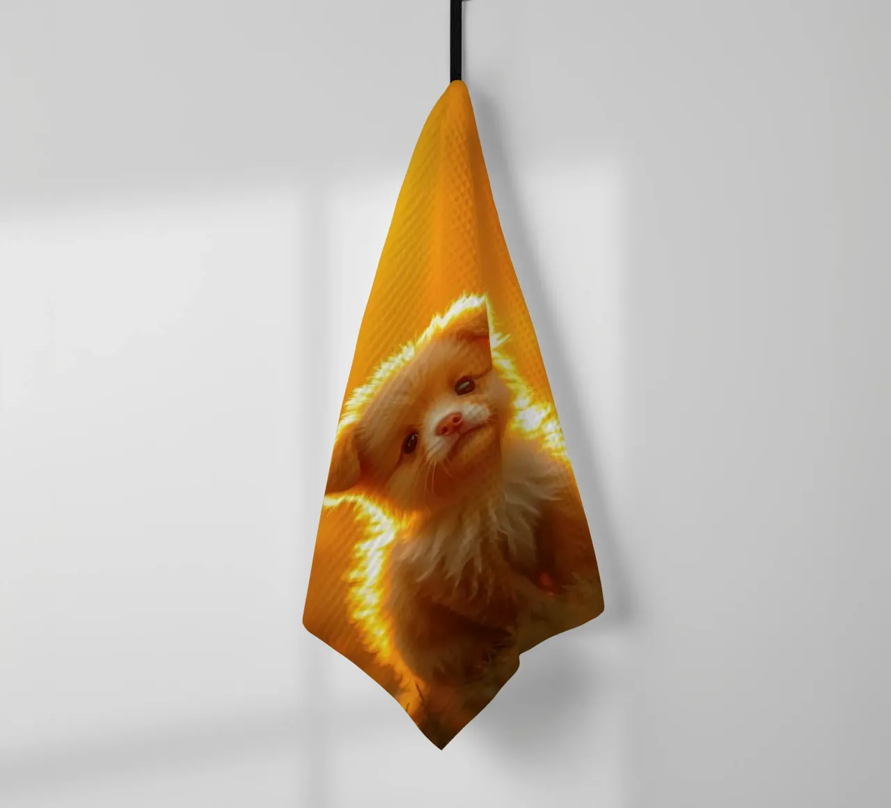 Petit chiot duveteux assis dans la lumière dorée du soleil avec des fleurs sauvages torchon de DesignDoodle