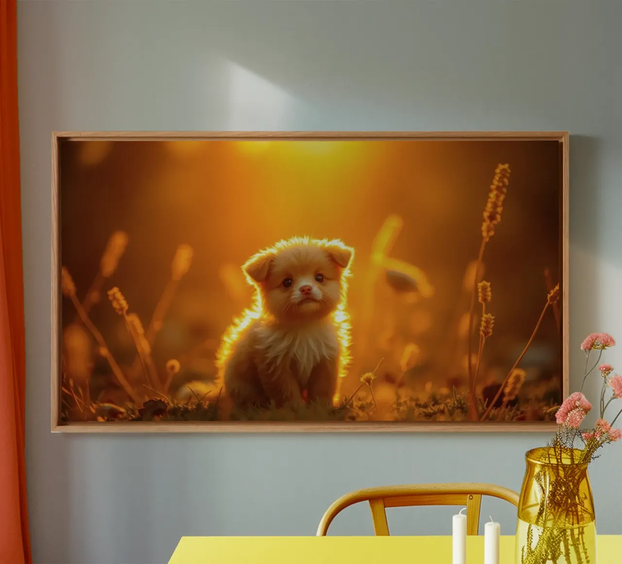 Small fluffy puppy sitting in golden sunlight with wildflowe canvas with Floater frame by DesignDoodle