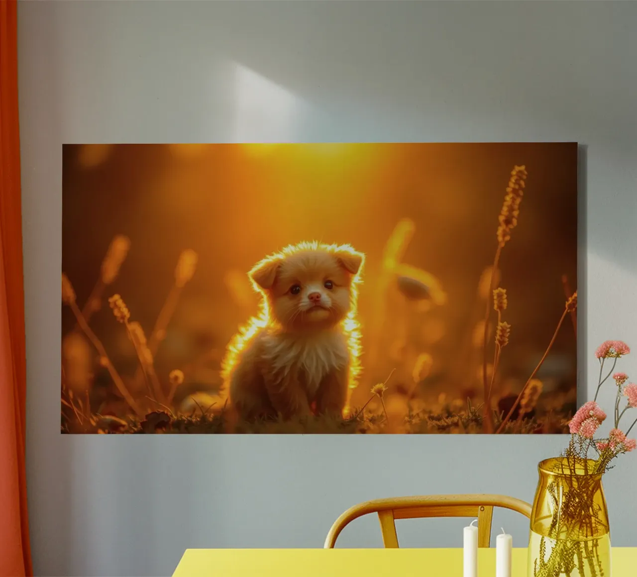 Small fluffy puppy sitting in golden sunlight with wildflowe canvas with Floater frame by DesignDoodle