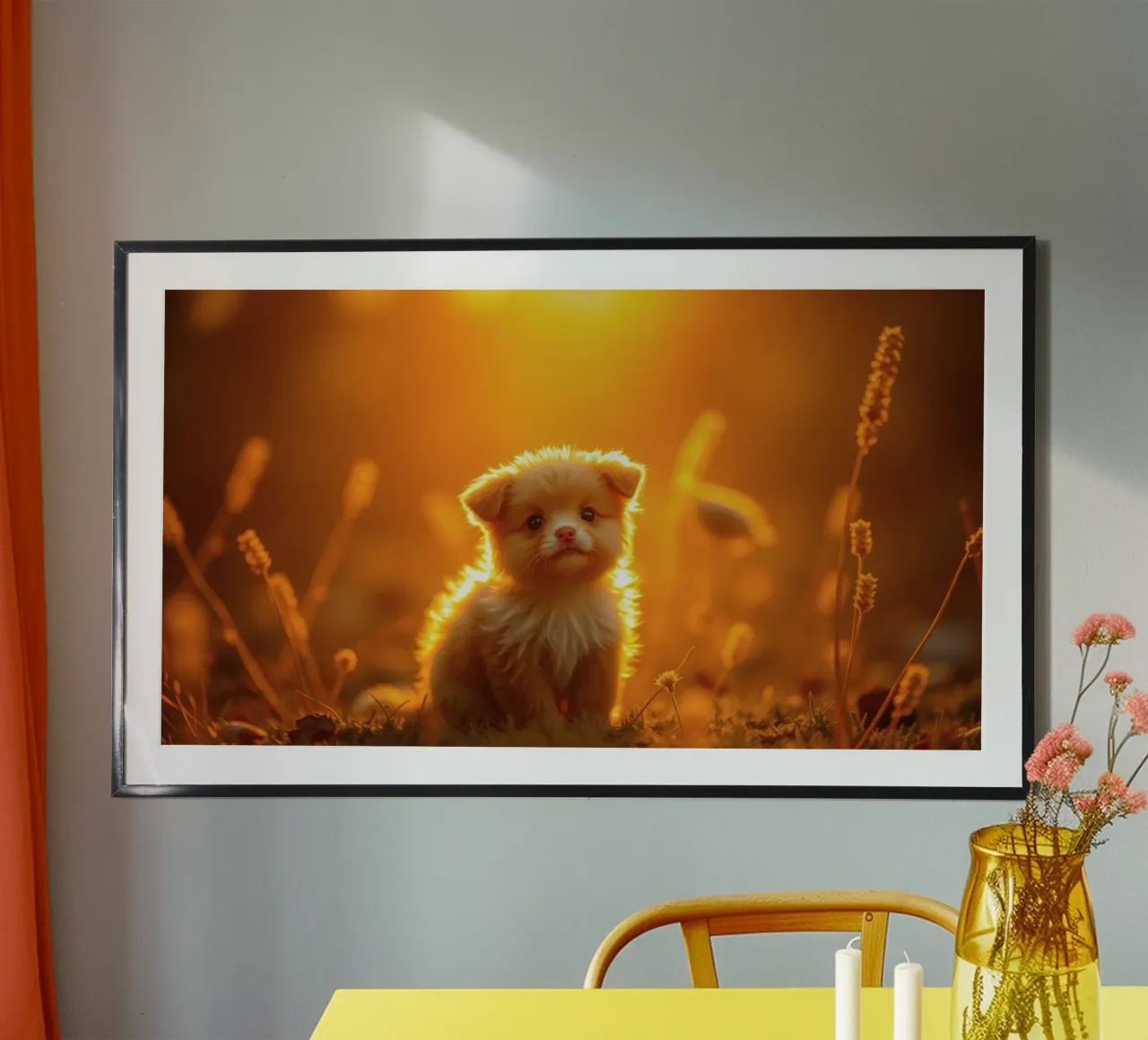 Petit chiot duveteux assis dans la lumière dorée du soleil avec des fleurs sauvages poster de DesignDoodle