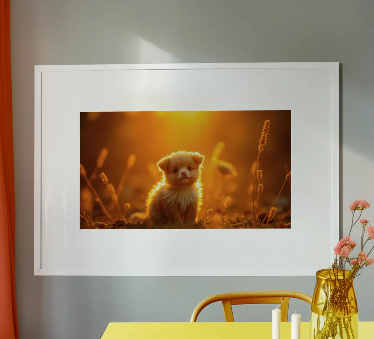 Petit chiot duveteux assis dans la lumière dorée du soleil avec des fleurs sauvages poster de DesignDoodle