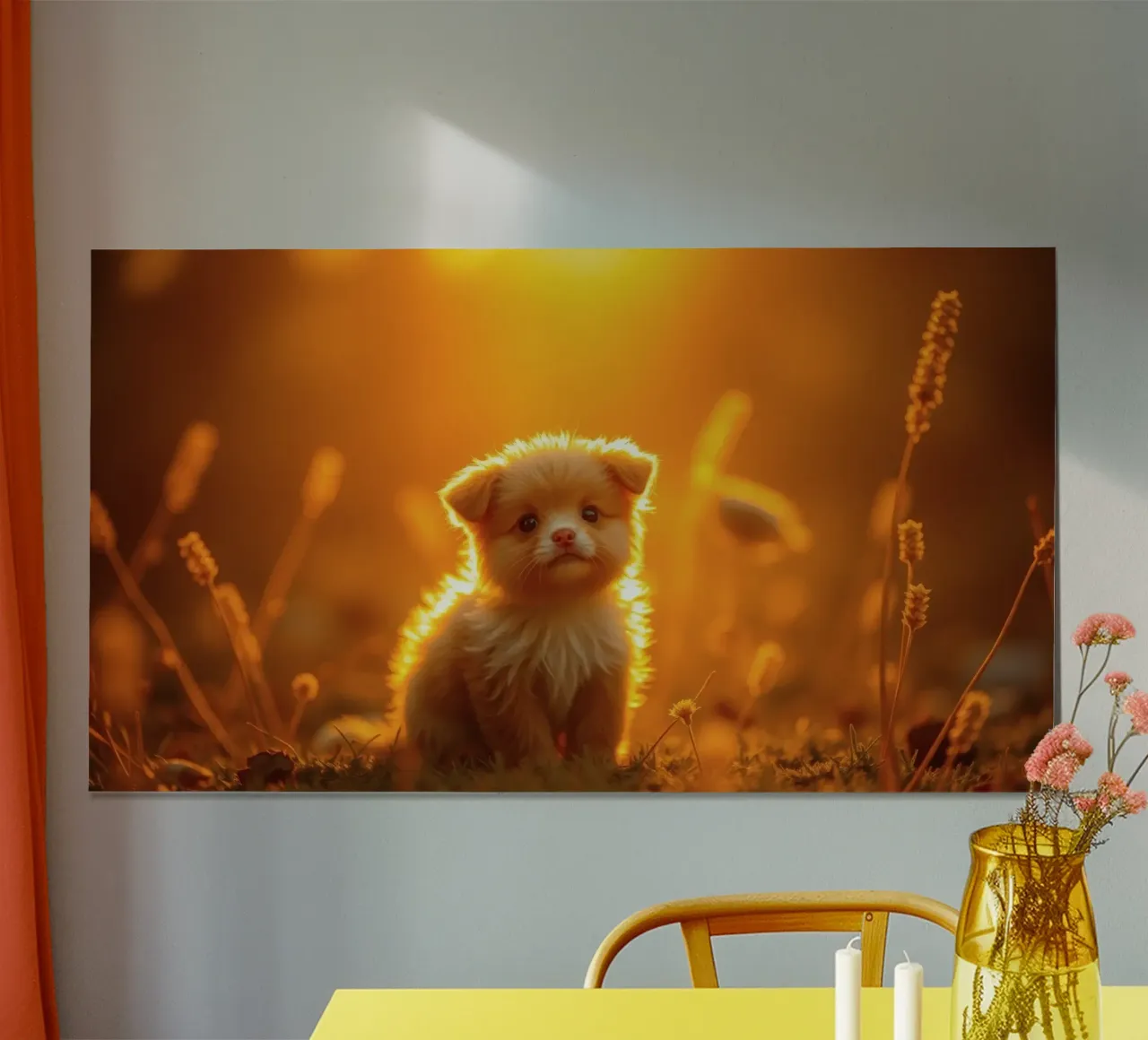 Petit chiot duveteux assis dans la lumière dorée du soleil avec des fleurs sauvages poster de DesignDoodle