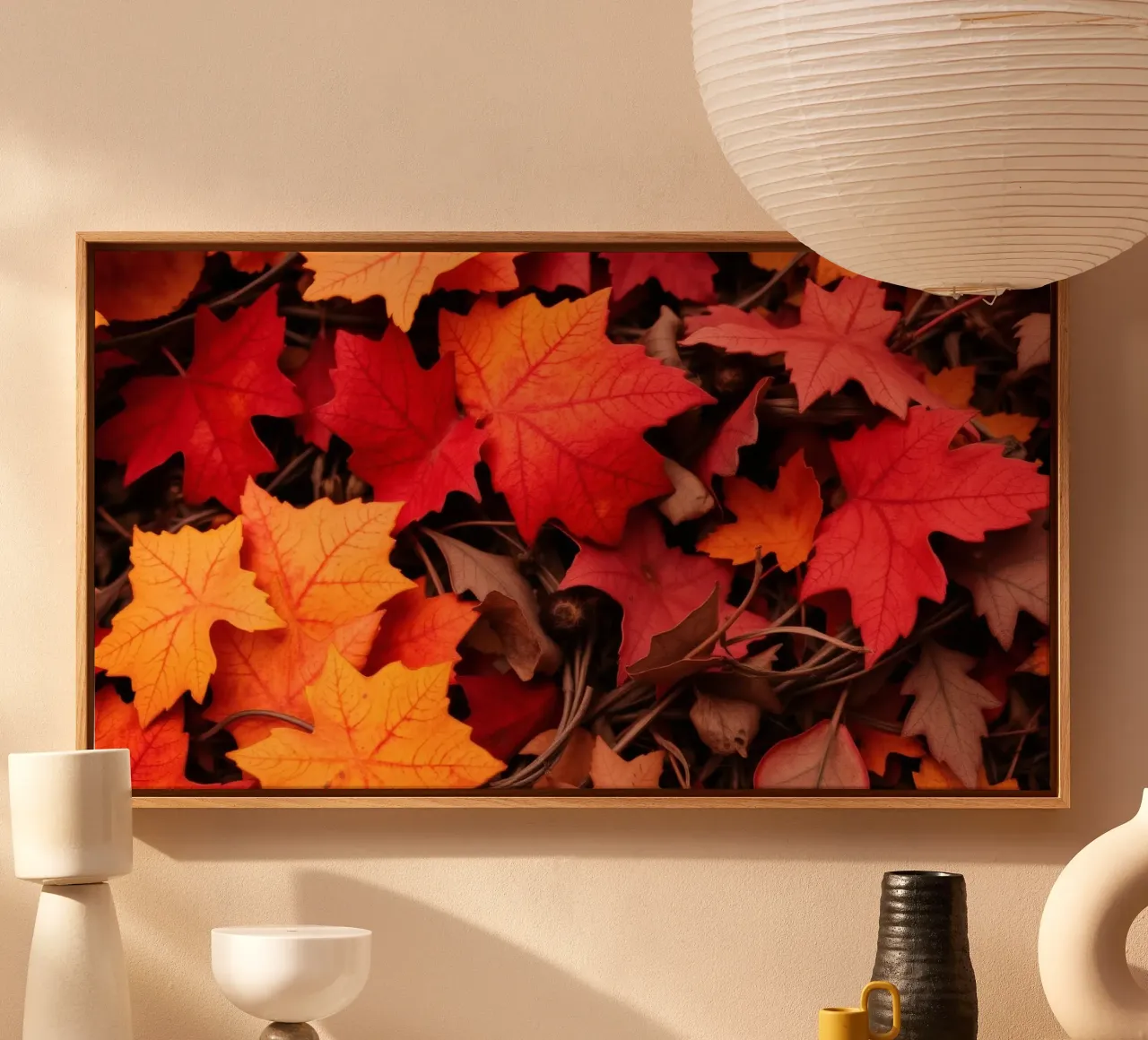 Feuilles d'automne dans des tons vibrants de rouge, d'orange et de jaune toile avec Caisse américaine de DesignDoodle