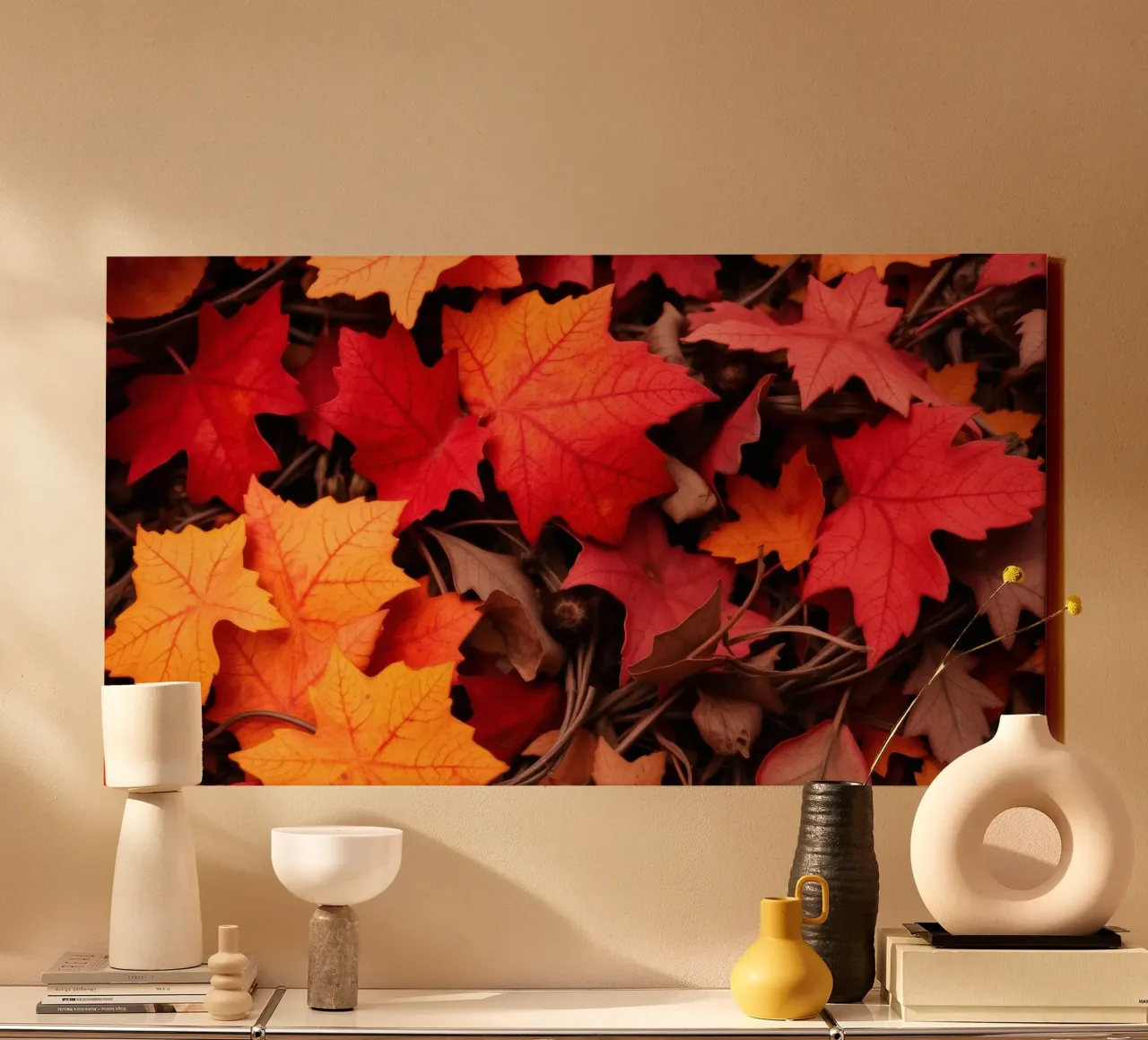 Feuilles d'automne dans des tons vibrants de rouge, d'orange et de jaune toile avec Caisse américaine de DesignDoodle