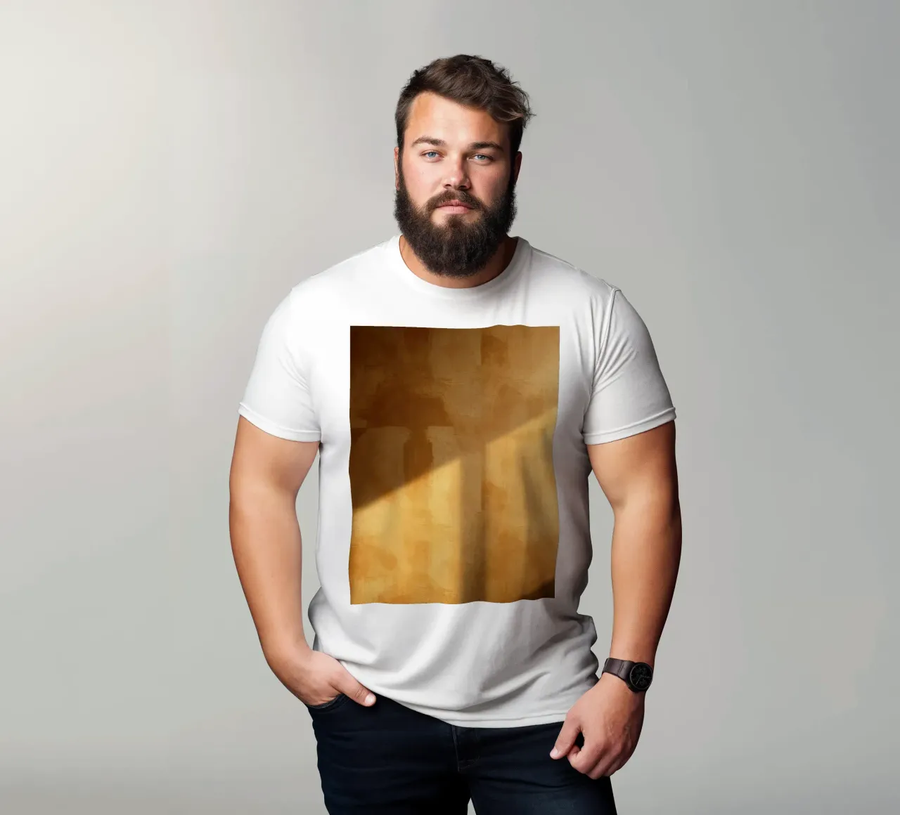 La luce soffusa del sole proietta ombre calde su una parete interna in un ambiente accogliente. t-shirt da DesignDoodle