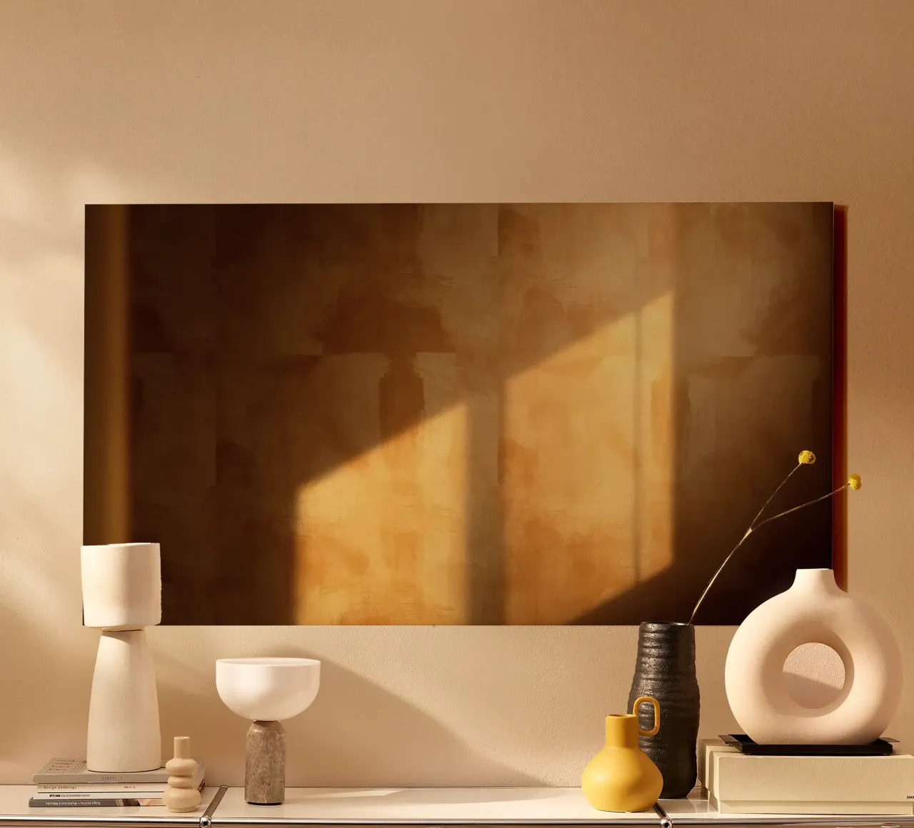 Zacht zonlicht werpt warme schaduwen op een binnenmuur in een gezellige canvas van DesignDoodle