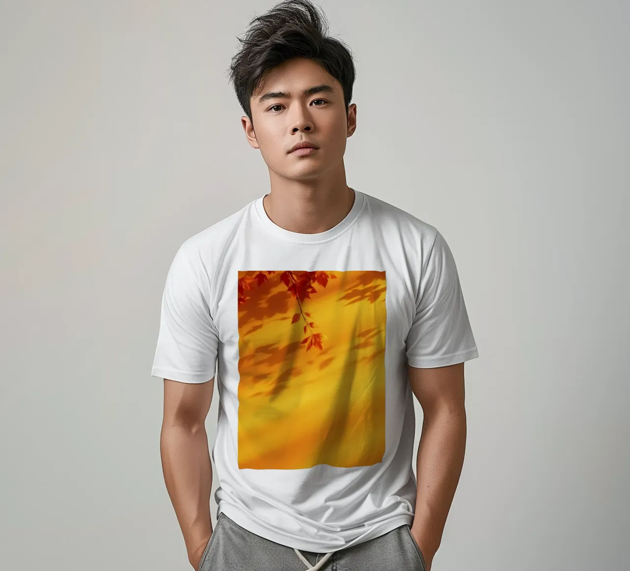 herfstbladeren werpen schaduwen op een warme gele achtergrond t-shirt van DesignDoodle