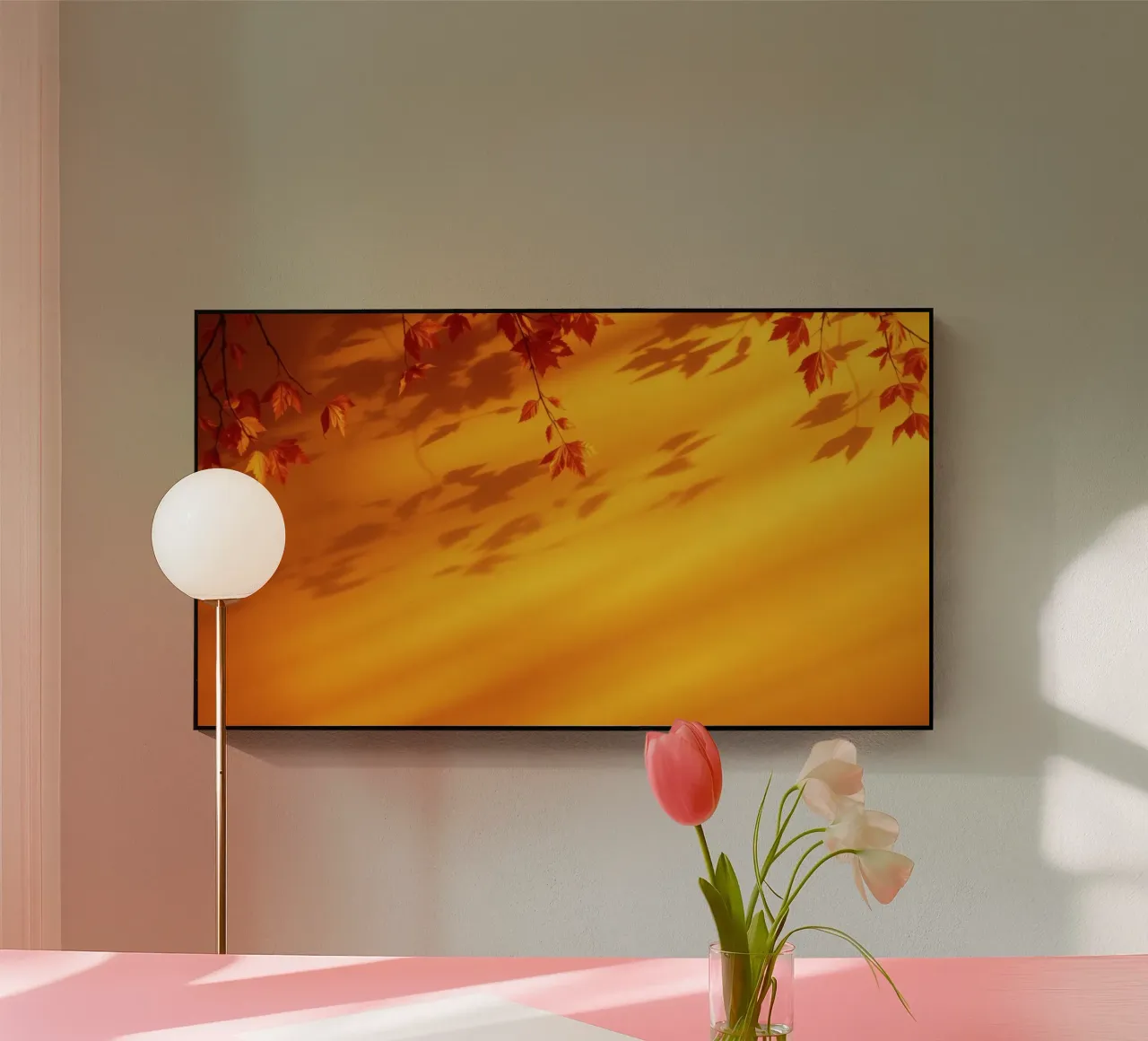 herfstbladeren werpen schaduwen op een warme gele achtergrond acryl van DesignDoodle