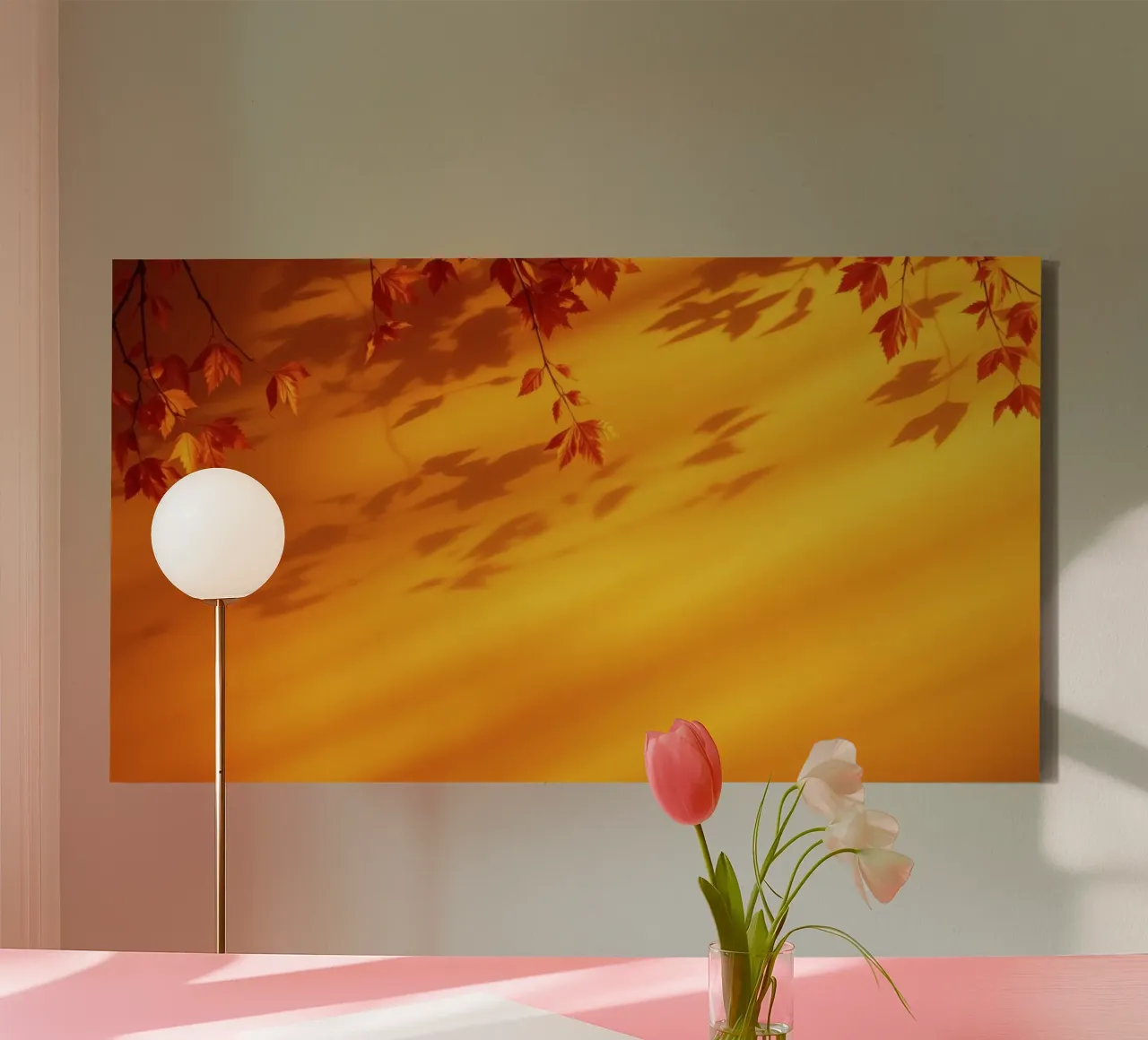 herfstbladeren werpen schaduwen op een warme gele achtergrond canvas van DesignDoodle