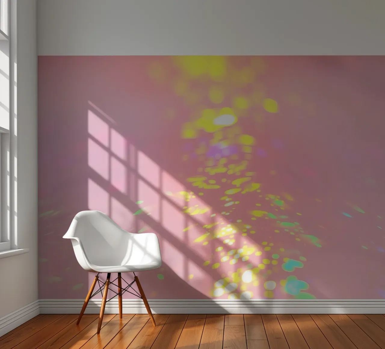 Shimmering reflections of colorful light on a soft pink art photo wallpaper by DesignDoodle