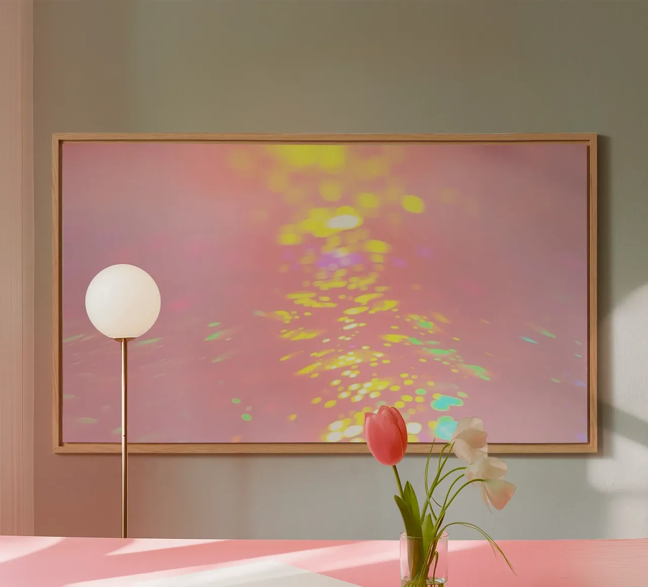 Shimmering reflections of colorful light on a soft pink art alu-dibond by DesignDoodle