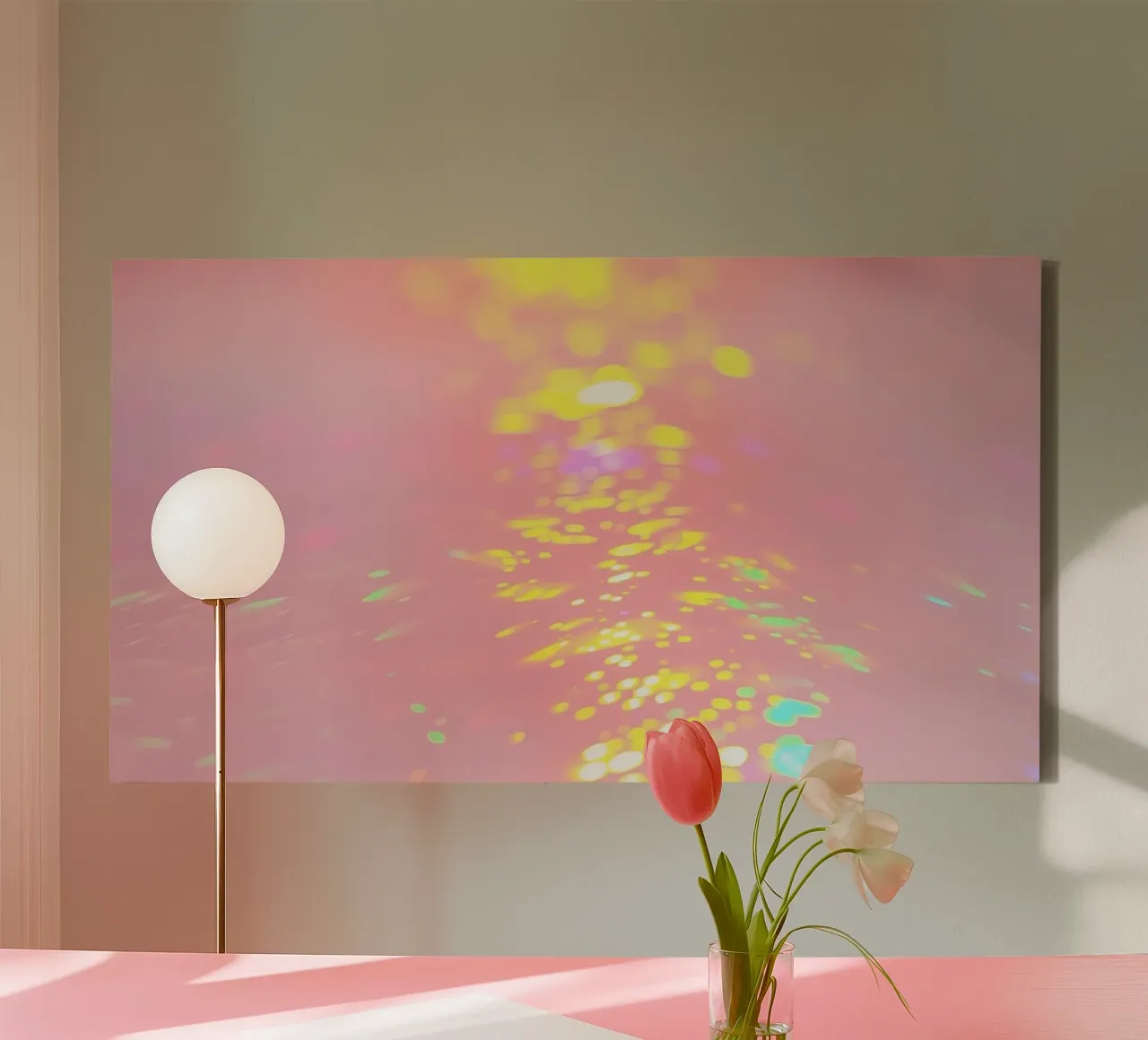 Shimmering reflections of colorful light on a soft pink art canvas by DesignDoodle