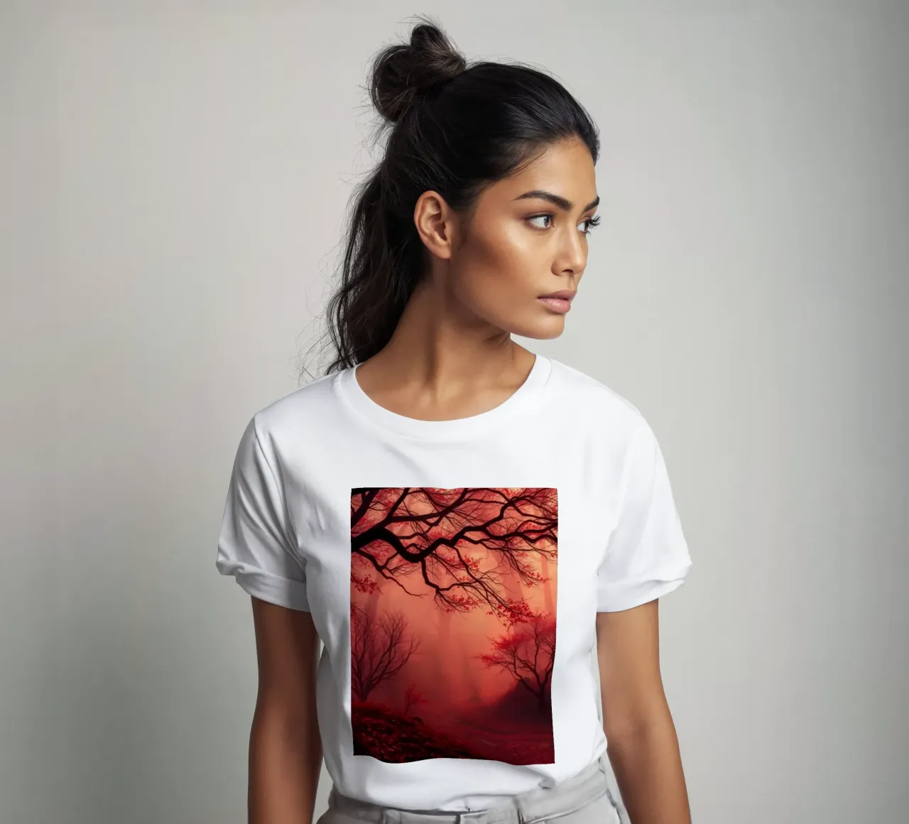 autumn forest enveloped in mist with fiery red foliage t-shirt by DesignDoodle