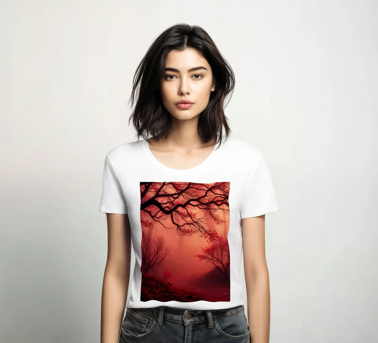 autumn forest enveloped in mist with fiery red foliage women's fitted t-shirt by DesignDoodle