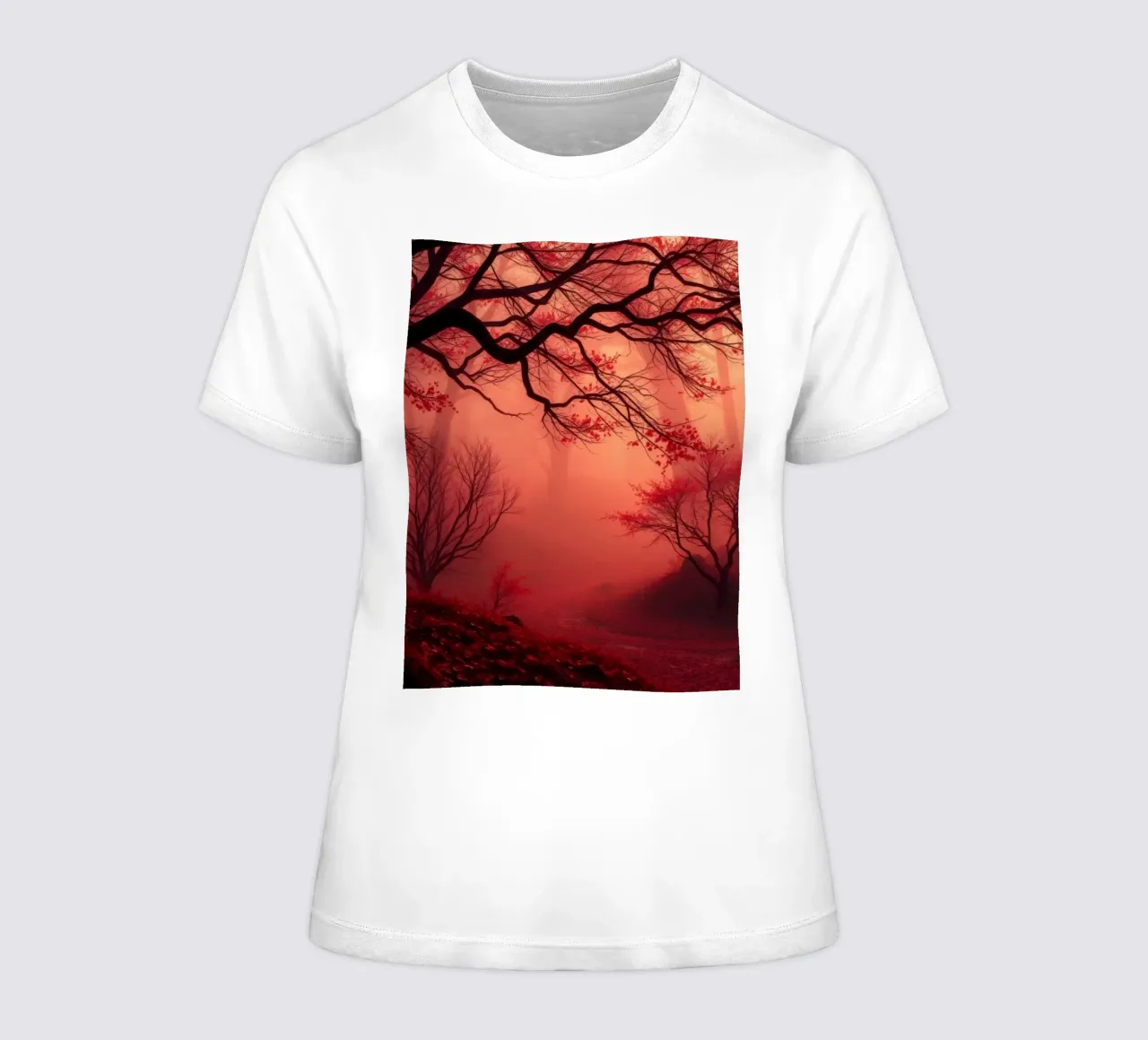 autumn forest enveloped in mist with fiery red foliage women's fitted t-shirt by DesignDoodle