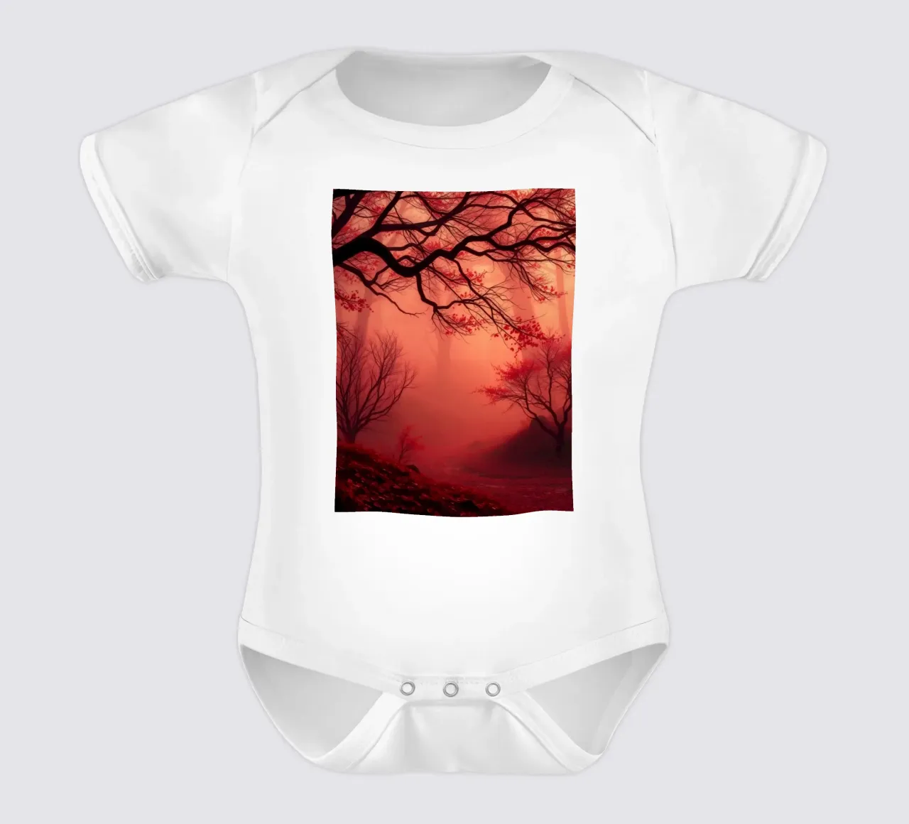 autumn forest enveloped in mist with fiery red foliage short-sleeve baby romper by DesignDoodle
