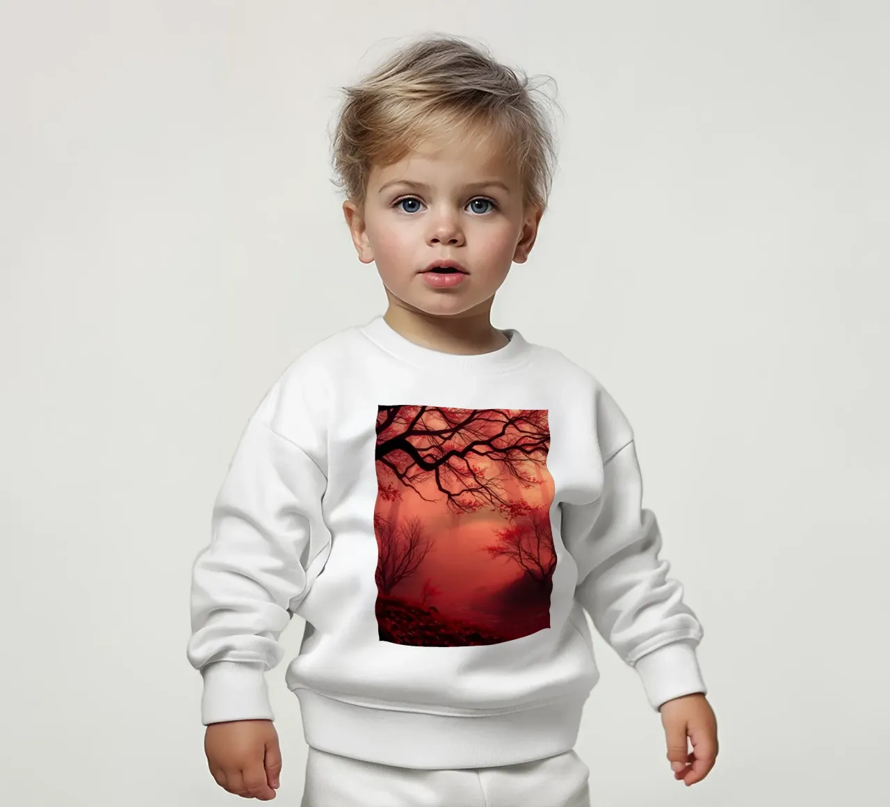 foresta autunnale avvolta nella nebbia con fogliame rosso fuoco felpa neonato da DesignDoodle