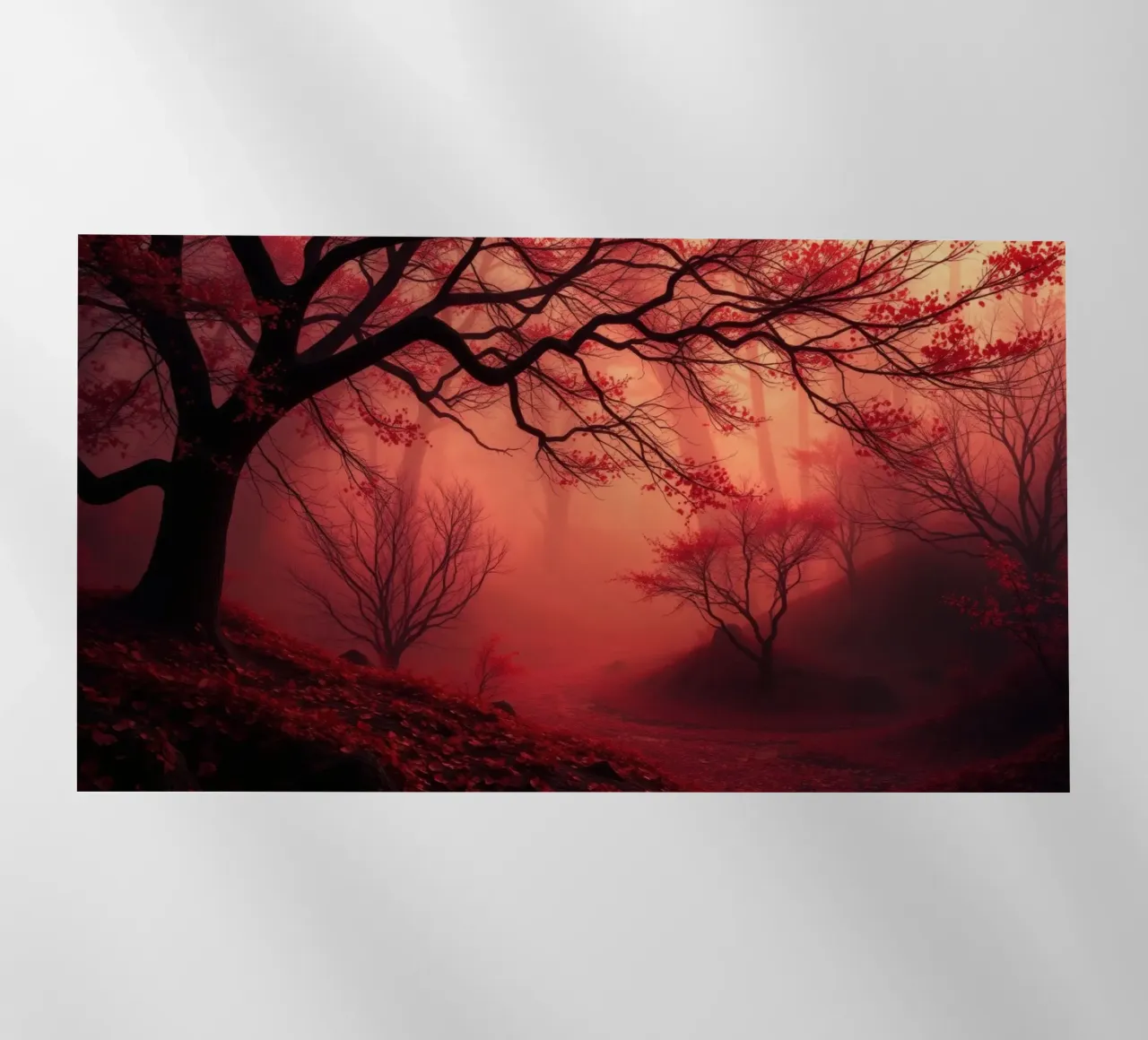 foresta autunnale avvolta nella nebbia con fogliame rosso fuoco pellicola backlit da DesignDoodle
