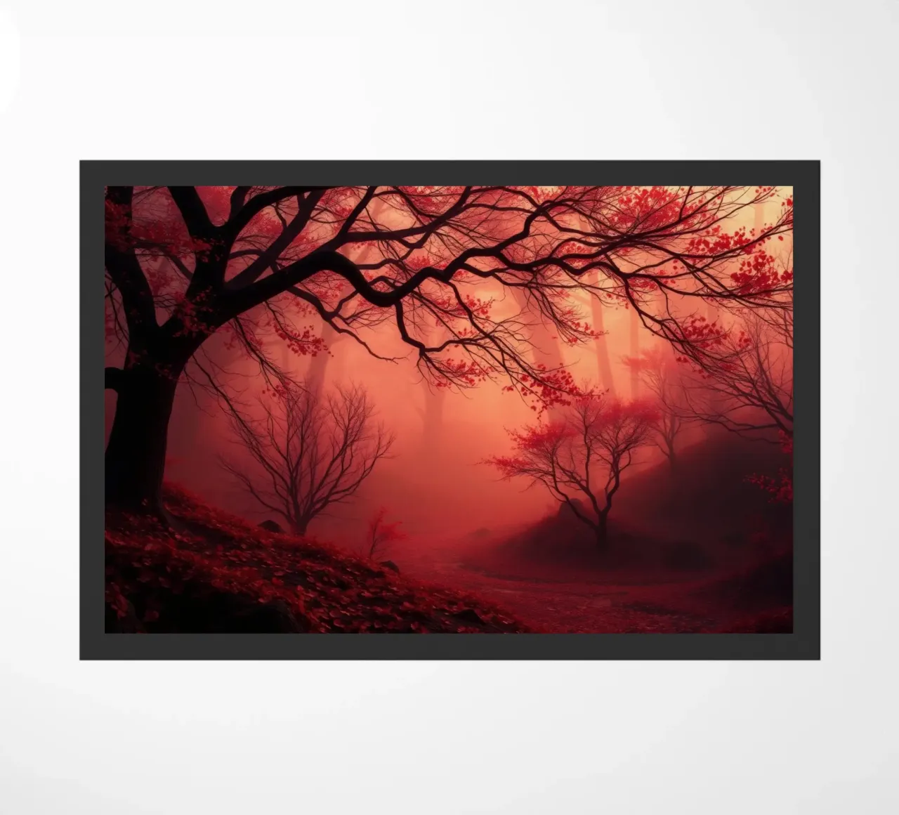 foresta autunnale avvolta nella nebbia con fogliame rosso fuoco zerbino da DesignDoodle